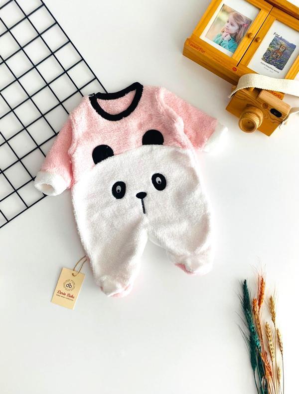 Neşeli Bebekler Panda Kabartma Desen Kendinden Patikli Welsoft Kumaş Tulum Pembe - Image 1