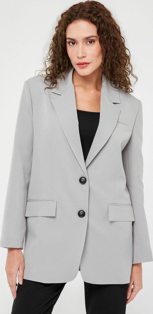Gri Kadın Düğmeli Oversize Blazer Ceket - Image 1