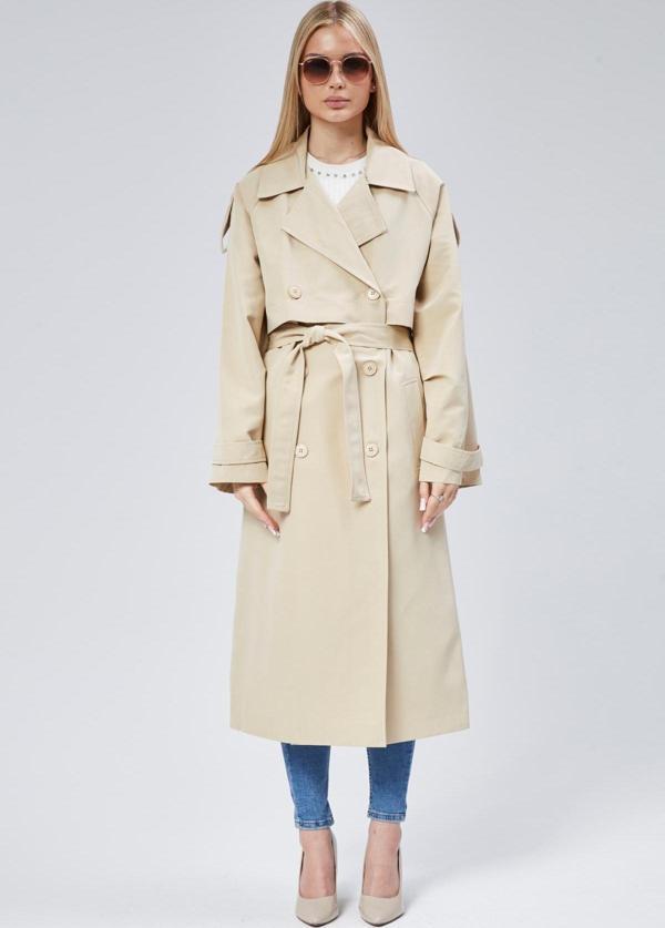 Oversize Kruvaze Kapama Rüzgarlık Detaylı Trençkot - Image 1