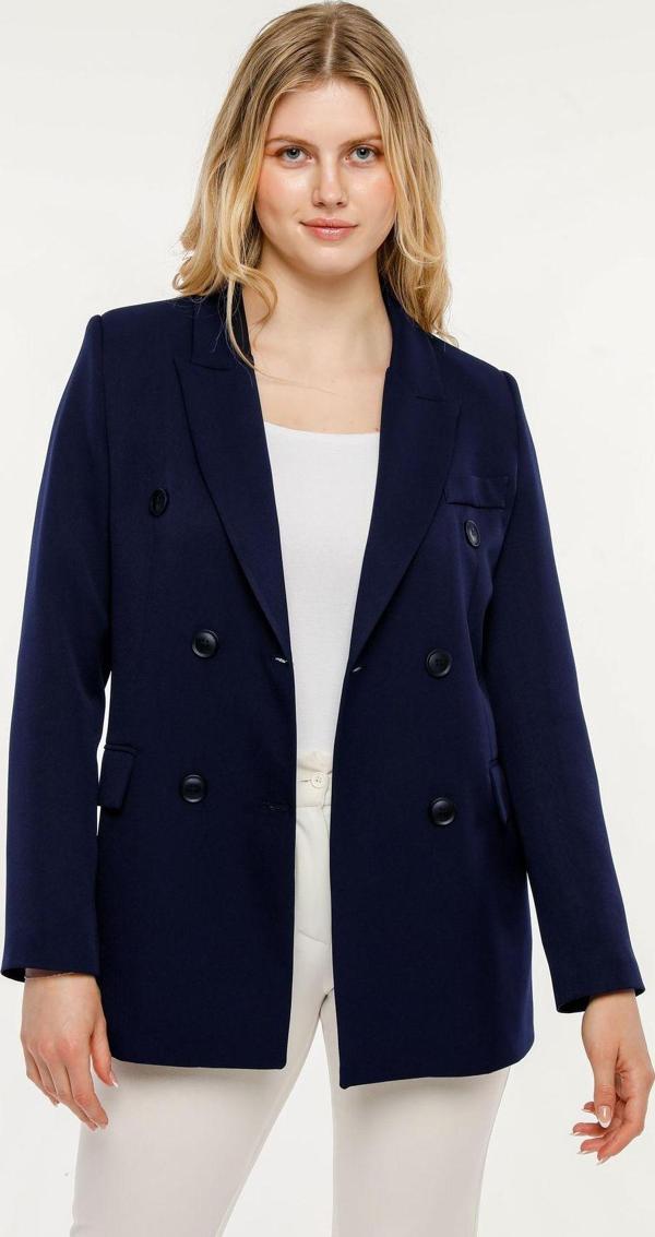Lacivert Regular Kruvaze Kapama Oversize Düğmeli Ceket - Image 1
