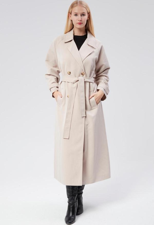 Kadın Kruvaze Astarlı Kemerli Dokuma Trençkot - Image 1