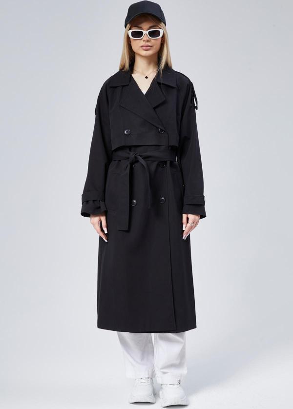 Oversize Kruvaze Kapama Rüzgarlık Detaylı Trençkot - Image 1