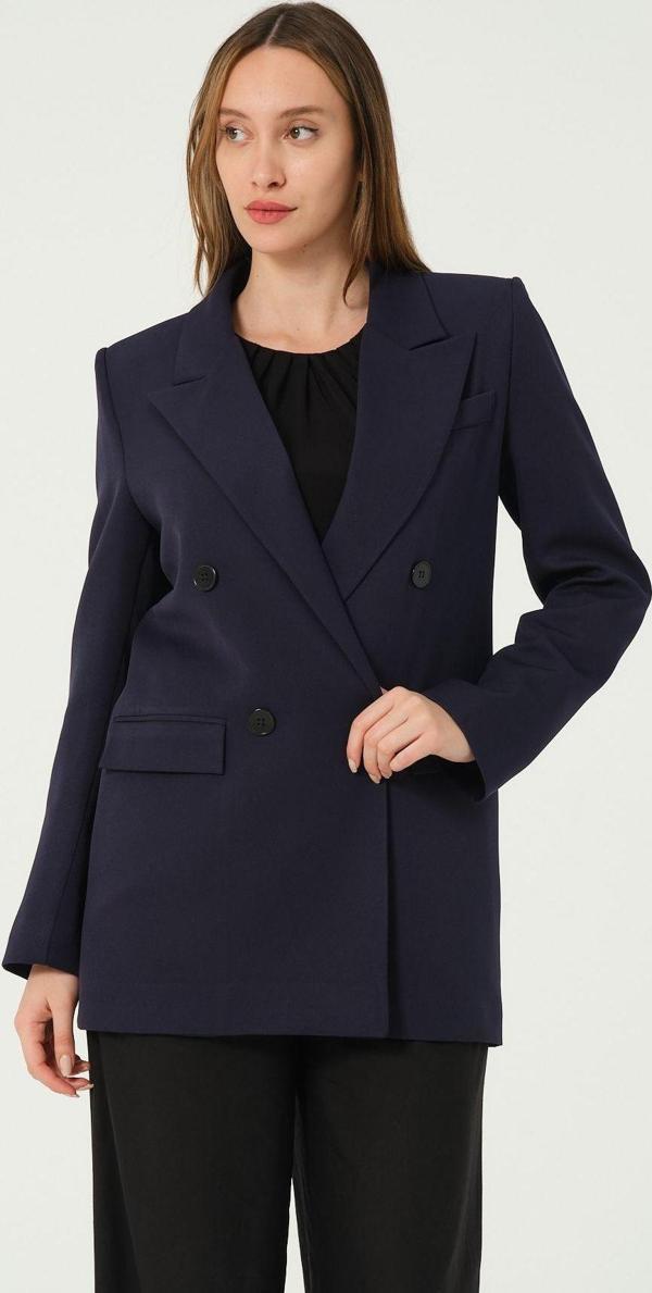 Lacivert Astarlı Kruvaze Kapama Dokuma Oversize Blazer Ceket - Image 1