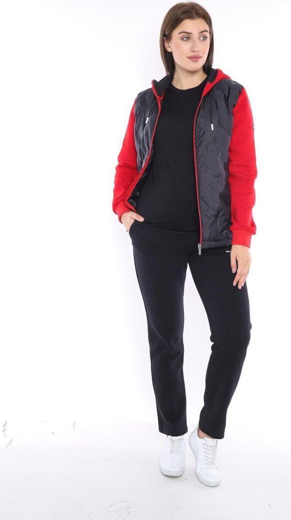 Escetic Kırmızı Kadın Kalın 3 İplik Kumaş İçi tüylü Kapüşonlu Spor Slimfit Eşofman Takımı 6680 - Image 1