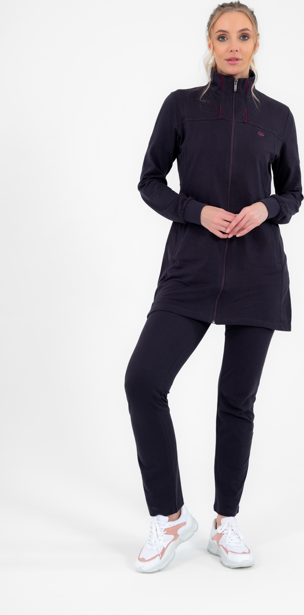 Escetic Koyu Gri Kadın Yazlık Dik Yaka Cepli Fermuarlı Spor Slimfit Tunik Eşofman Takımı 6760 - Image 1