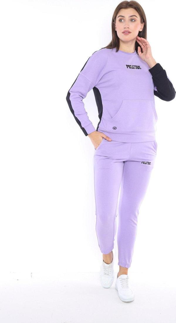 Escetic Lila Kadın 3 İplik Nefes Alabilen Spor Casual Sweat Eşofman Takımı A3047 - Image 1