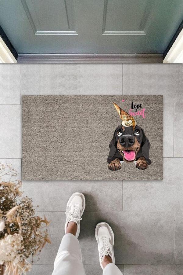 Dijital Baskı Gri Love Sweet Kafasında Külahlı Dondurmalı Köpek Dekoratif Kapı Paspası K-2055 - Image 1