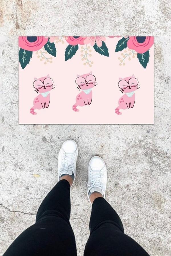 Dijital Baskı Açık Pembe Üç Kedili Desen Kapı Önü Paspası K-1026 - Image 1