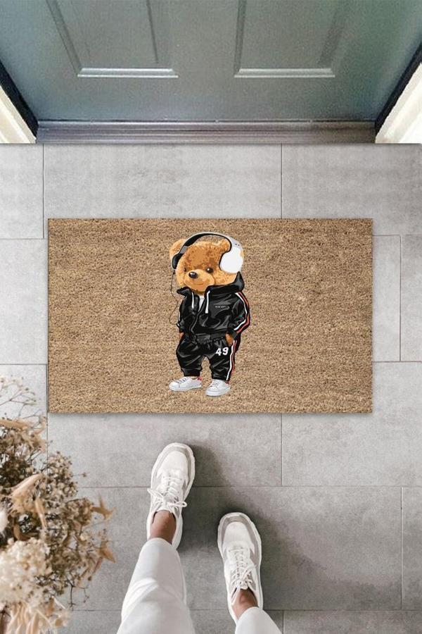 Bej Kapı Önü Paspası Kulaklıklı Ayıcık Desen  K-3347 - Image 1