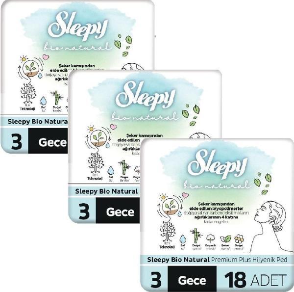Sleepy Bio Natural Premium Plus Hijyenik Ped Gece 18 Adet x 3 Adet - Image 1