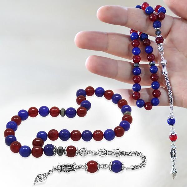 Kararmaz Metal Arnavut Zincir Püsküllü Küre Kesim Bordo Mavi Jade Doğaltaş Taraftar Tesbih M1 - Image 1