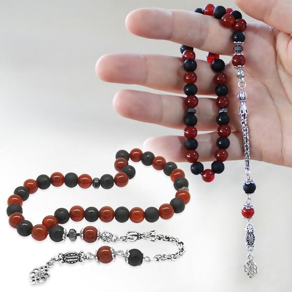 Kararmaz Metal Arnavut Zincir Püsküllü Küre Kesim Kırmızı Siyah Ayyıldız Oniks Akik Doğaltaş Taraftar Tesbih M1 - Image 1