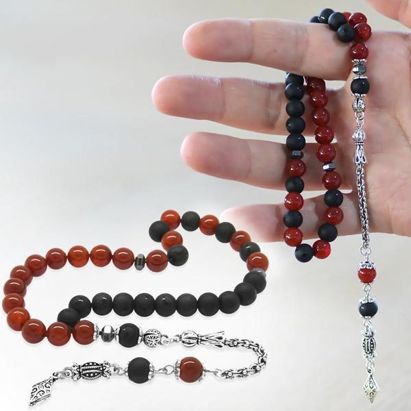 Kararmaz Metal Arnavut Zincir Püsküllü Küre Kesim Kırmızı Siyah Ayyıldız Oniks Akik Doğaltaş Taraftar Tesbih M2 - Image 1