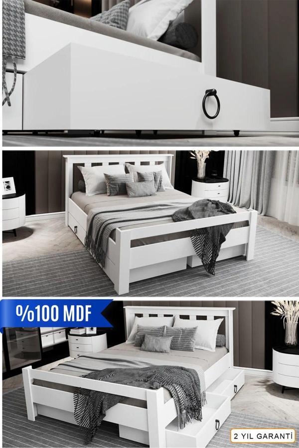 Ninnimo Arya Çift Kişilik 160X200 Yatak Uyumlu Mdf Beyaz Çekmeceli Karyola Maçy-1 - Image 1