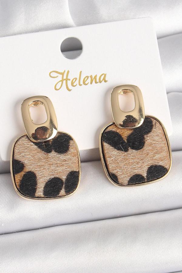 Pirinç Gold Renk Sallantı Kare Leopar Model Kadın Küpe - TJ-BKP10338 - Image 1