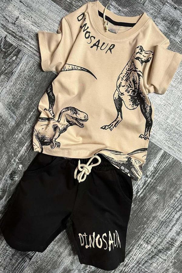 Erkek Çocuk Dinosaur Yazı ve Görsel Baskılı Suprem Bej Tişört Şortlu Takım - Image 1