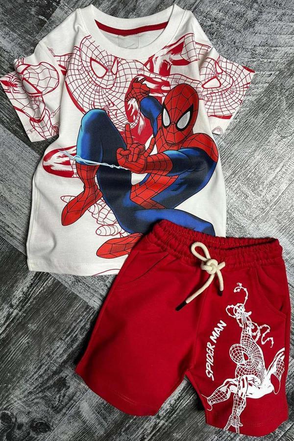 Erkek Çocuk Spiderman Digital ve Yazı Baskılı Kısa Kol Kırmızı Şortlu Takım - Image 1