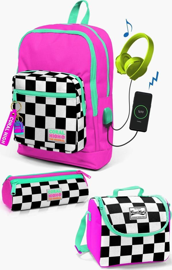 Coral High Kids Neon Pembe Dama Desenli USB'li 3’lü Okul Çanta Seti SET0123801 - Image 1