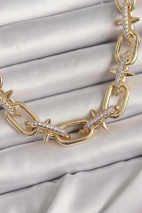 Pirinç Gold Renk Zirkon Taşlı Dikenli Halka Model VIP Exculusive Seri Kadın Kolye - TJ-BKO9853 - Image 1