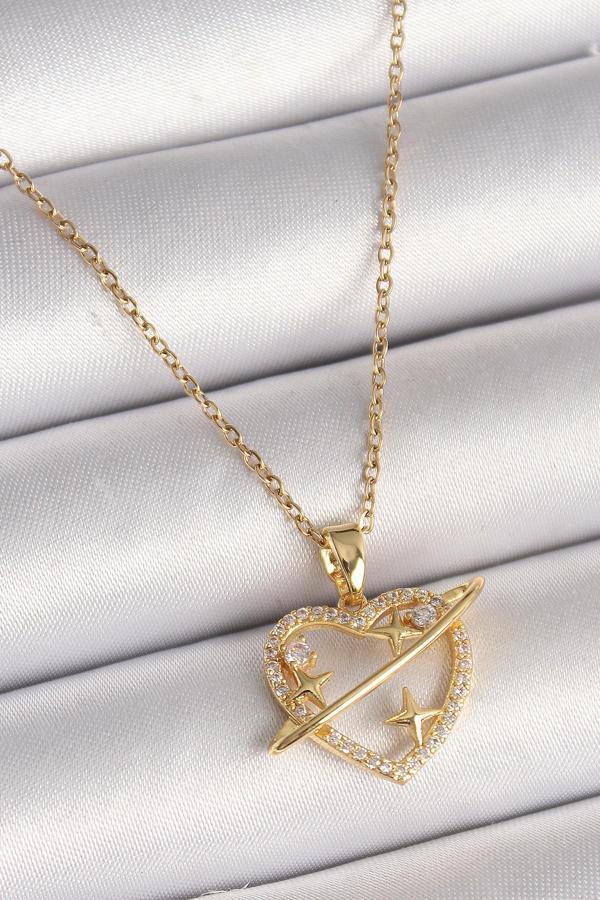 316L Çelik Gold Renk Zincir Zirkon Taşlı Kalp Model Yıldız Detay Kadın Kolye - TJ-BKO9861 - Image 1