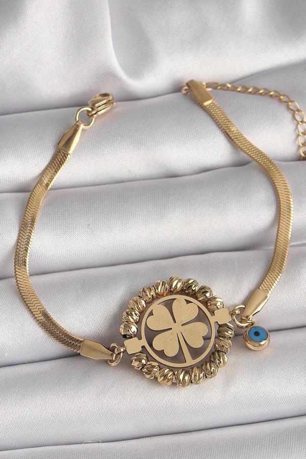 316L Çelik Gold Renk İtalyan Zincir Model Dorika Yonca Figür Nazar Boncuk Detay Kadın Bileklik - TJ-BB6785 - Image 1