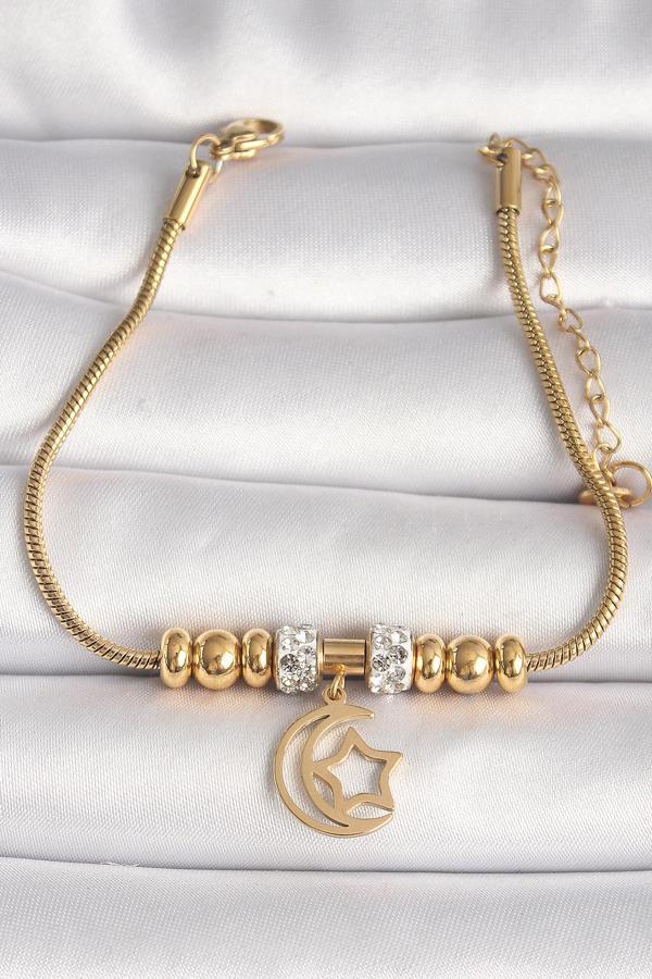 316L Çelik Gold Renk Tüp Zincir Zirkon Taş Detaylı Sallantı Ay Yıldız Figür Kadın Bileklik - TJ-BB6759 - Image 1