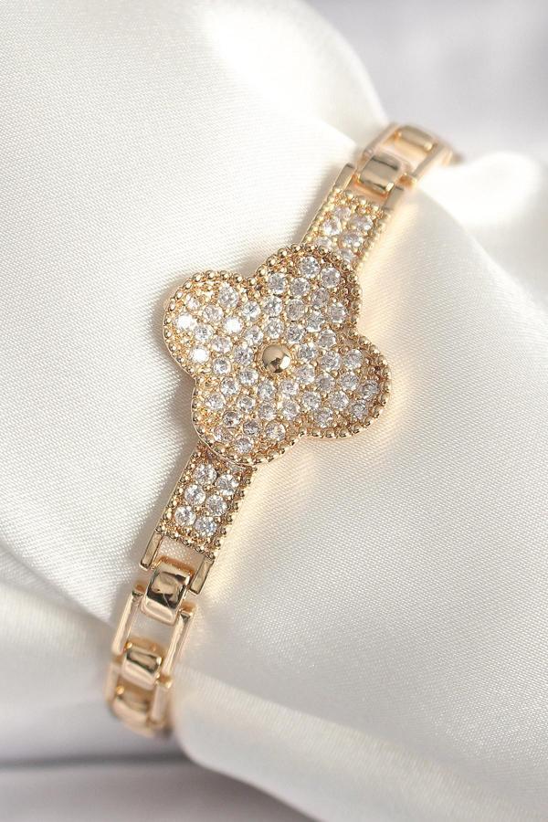 Pirinç Gold Renk Zirkon Taşlı Yonca Model Kadın Bileklik - TJ-BB6844 - Image 1