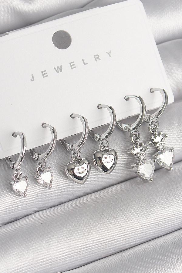 Pirinç Gümüş Renk Sallantı Zirkon Taşlı Kalp Model Taç Detay Kadın Küpe Seti - TJ-BKP10275 - Image 1