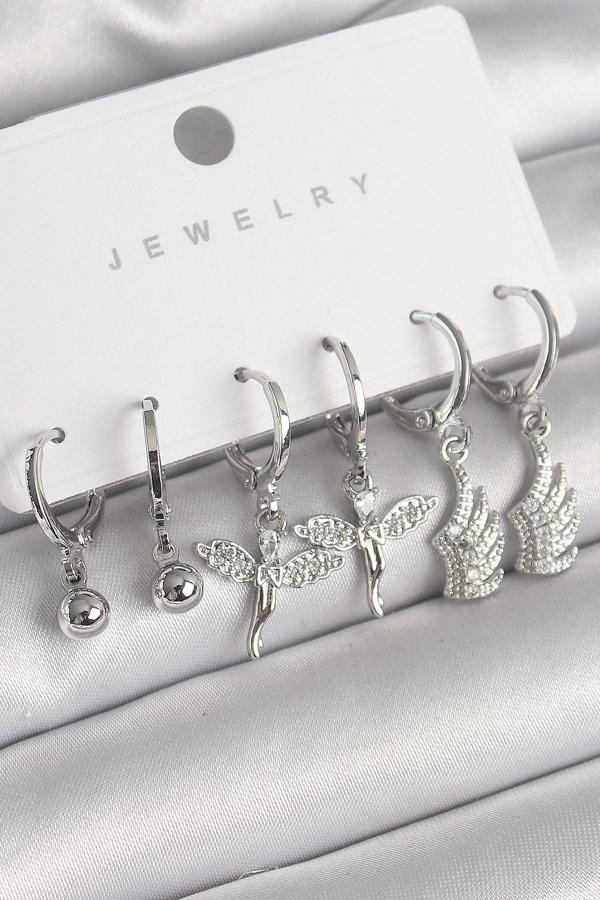 Pirinç Gümüş Renk Sallantı Zirkon Taşlı Melek Model Kanat Detay Kadın Küpe Seti - TJ-BKP10291 - Image 1