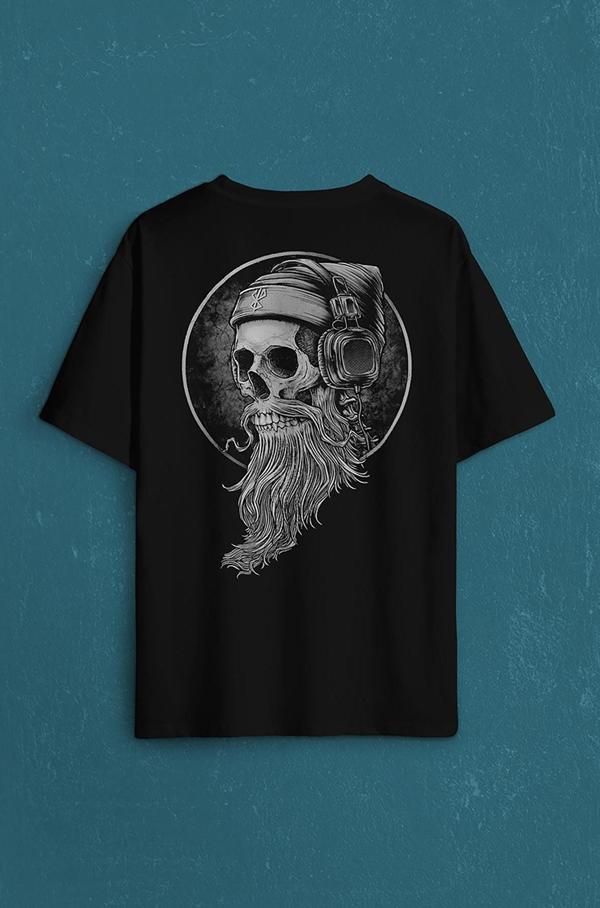 Skull Kuru Kafa Kulaklık Listen Music Baskılı Oversize Tişört Unisex T-Shirt - Image 1