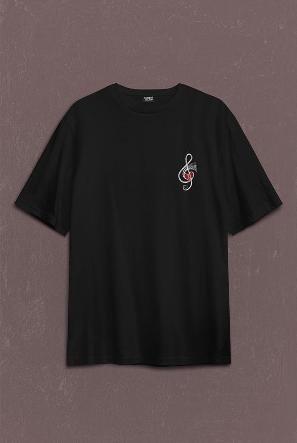 Metallica Müzik Nota Sol Anahtarı Music Sırt Ön Baskılı Oversize Tişört Unisex T-Shirt - Image 1