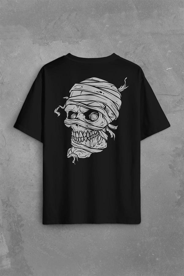 Skull Korsan Kuru Kafa Rock Zafer İşareti Metallica Sırt Ön Baskılı Oversize Tişört Unisex T-Shirt - Image 1