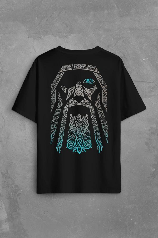 Odin Vikings Logo Vikingler Sırt Ön Baskılı Oversize Tişört Unisex T-Shirt - Image 1
