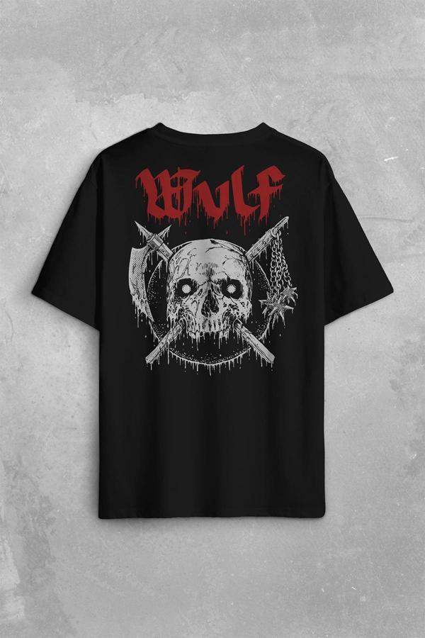 Wulf Metal Rock Band Skull Kuru Kafa Urban Gothic Sırt Ön Baskılı Oversize Tişört Unisex T-Shirt - Image 1