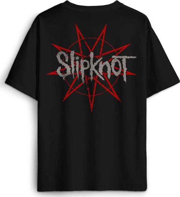 Slipknot Red Star Yıldız Rock Metal Music Baskılı Oversize T-shirt Siyah Unisex Tişört - Image 1
