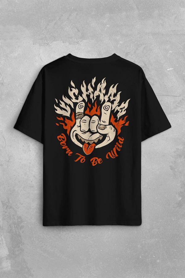 Born To Be Wild Rock And Roll Music Müzik Sırt Ön Baskılı Oversize Tişört Unisex T-Shirt - Image 1