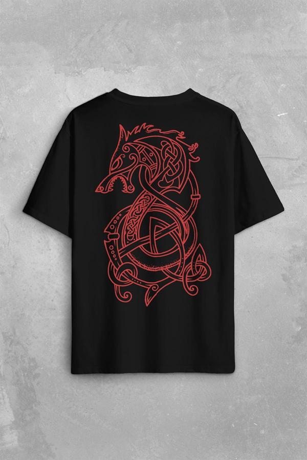 Viking Fenrir Wolf Vikings Kurt Kafa Street Urban Sırt Ön Baskılı Oversize Tişört Unisex T-Shirt - Image 1
