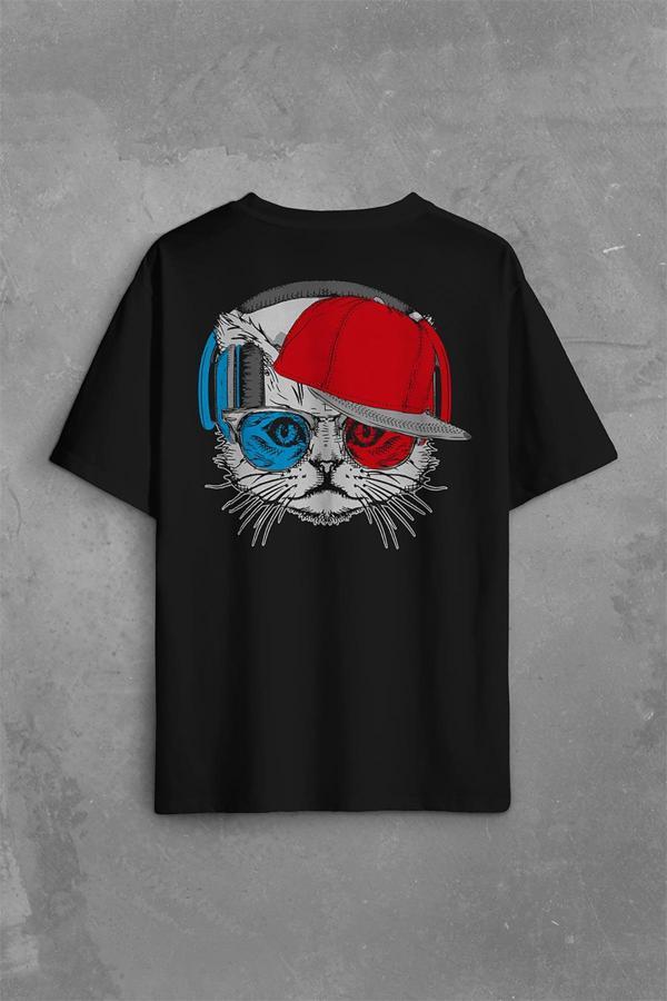 Cat Glasses Gözlüklü Bordo Mavi Spor Kedi Sırt Ön Baskılı Oversize Tişört Unisex T-Shirt - Image 1