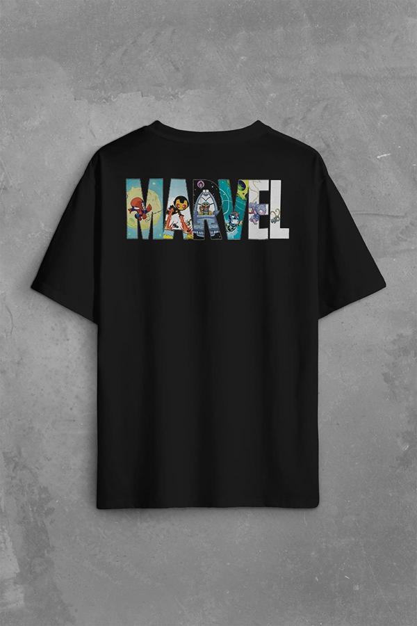 Marvel Spiderman Hulk Deadpool Iron Man Sırt Ön Baskılı Oversize Tişört Unisex T-Shirt OVR12S1887 - Image 1