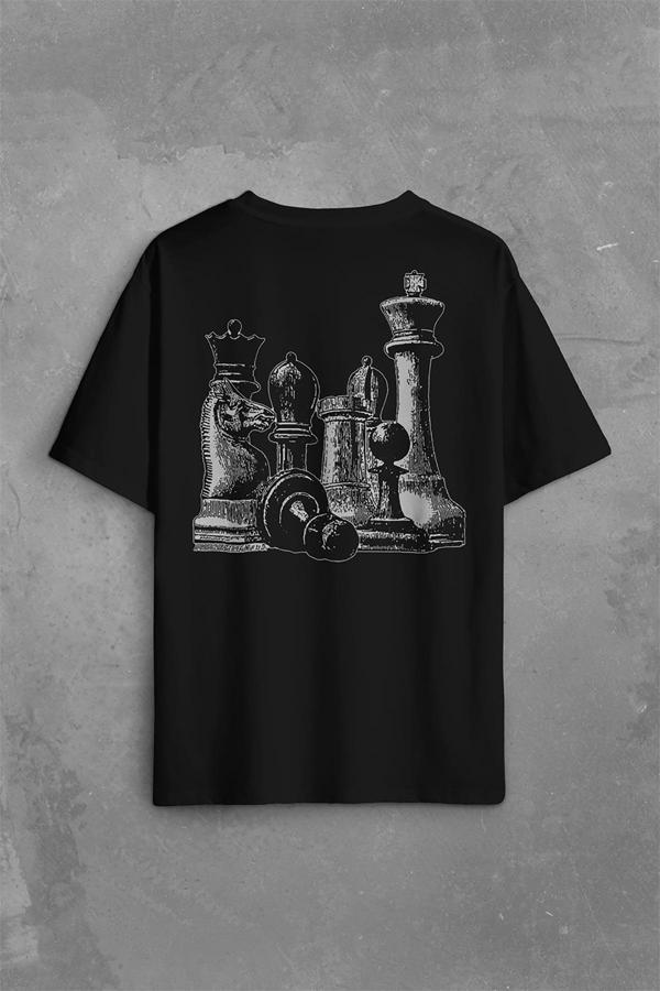 Chess Satranç Taşları Fil At Kale Vezir Santranç Sırt Ön Baskılı Oversize Tişört Unisex T-Shirt - Image 1