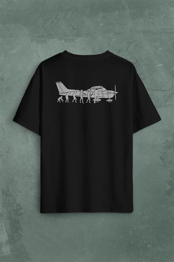 İnsan Maymun Evrim Cessna Uçak Tayyare Sırt Ön Baskılı Oversize Tişört Unisex T-Shirt - Image 1