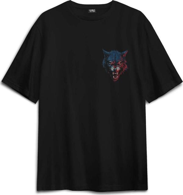 Siyah Oversize Tişört Bordo Mavi Kurt Wolf Red Blue Sırt Ön Baskılı Unisex T-shirt - Image 1