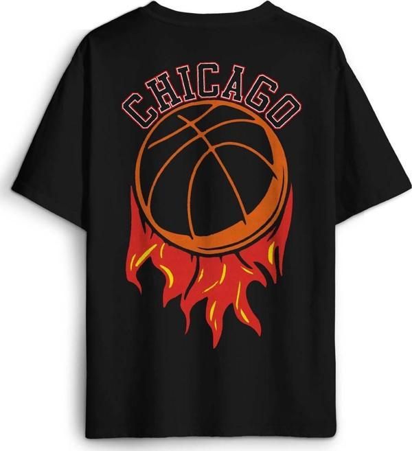 Siyah Oversize Tişört Basketbol Spor Basketball Chicago Yazı Sırt Ön Baskılı Unisex T-shirt - Image 1