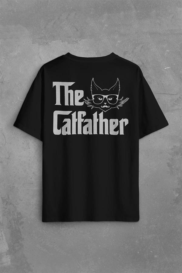 The Godfather Cat Father Catfather Baba Kedi Sırt Ön Baskılı Oversize Tişört Unisex T-Shirt - Image 1