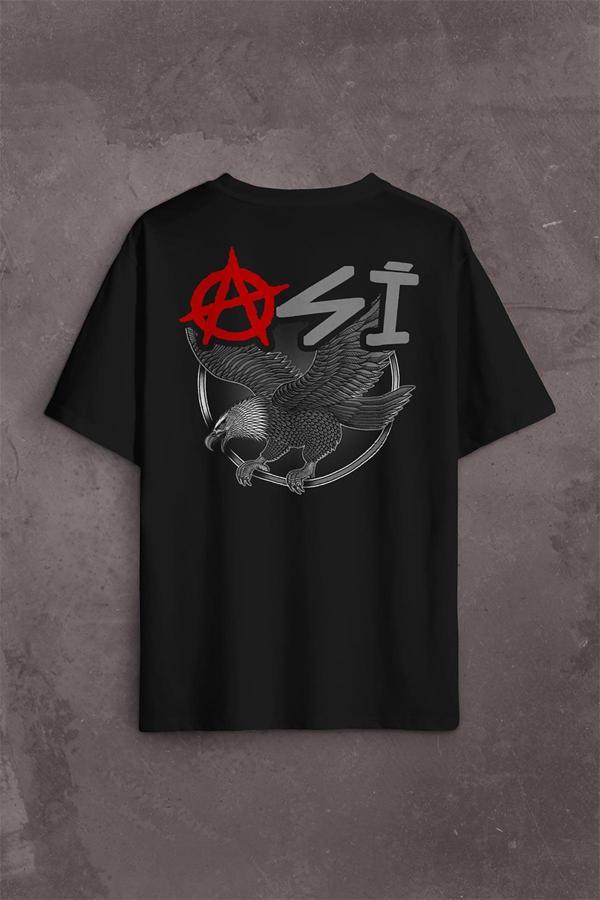 Oversize Siyah Tişört Uçan Kartal Asi Eagle Sırt Ön Baskılı Unisex T-Shirt - Image 1