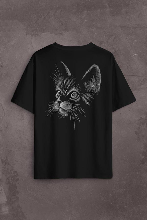 Kedi Silüeti Black Cat Çizim Sırt Ön Baskılı Oversize Tişört Unisex T-Shirt - Image 1