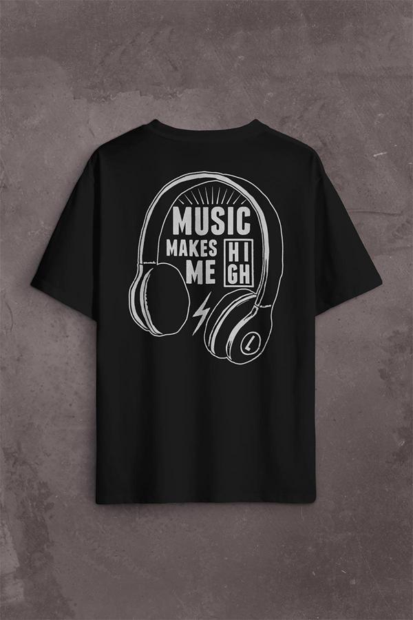 Lost Boyz Music Makes Me High Kulaklık Sırt Ön Baskılı Oversize Tişört Unisex T-Shirt - Image 1