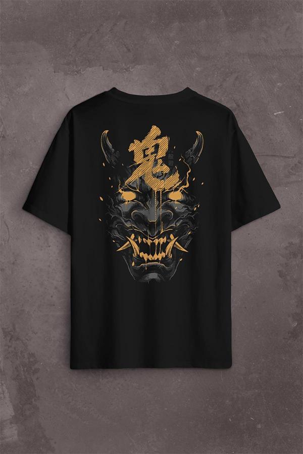 Mask Hannya Demon Maske Japonca Japanese Sırt Ön Baskılı Oversize Tişört Unisex T-Shirt - Image 1