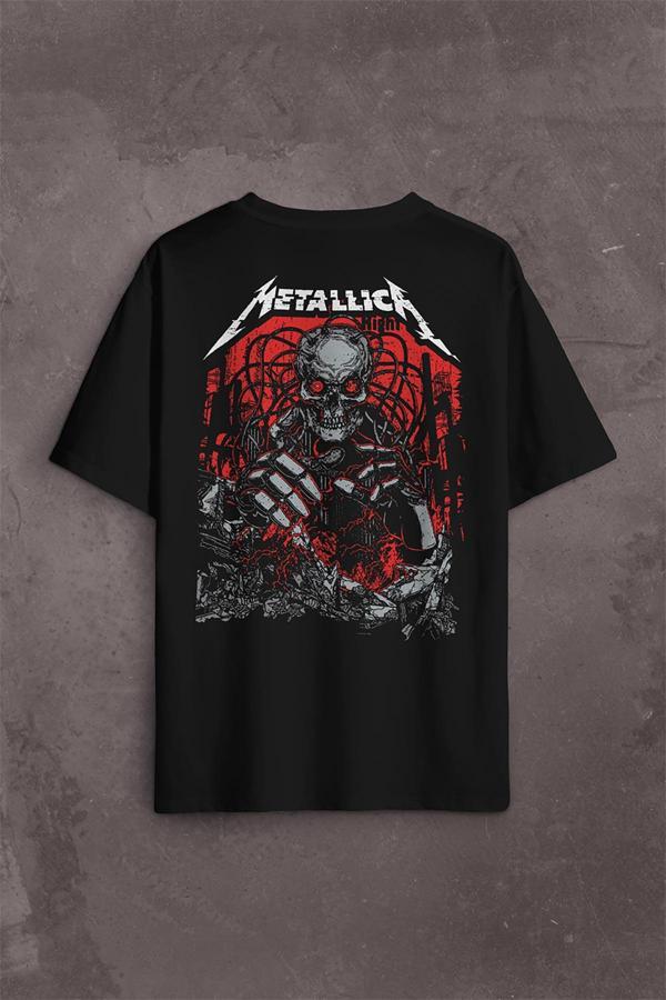 Metallica Rock Music Metal Skull Kuru Kafa James Lars Kırk Robert Sırt Ön Baskılı Oversize Tişört Unisex T-Shirt OVR12S3897 - Image 1