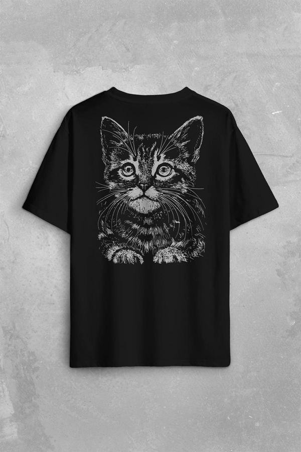 Siyah Kedi Black Cat Silüet Çizim Sırt Ön Baskılı Oversize Tişört Unisex T-Shirt - Image 1